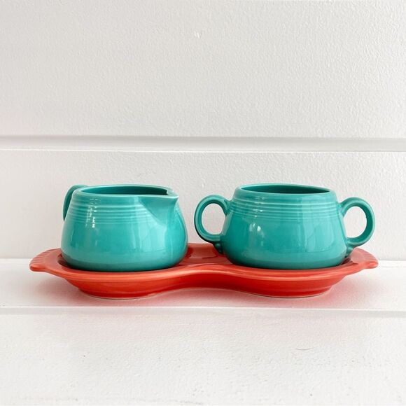 Fiesta Fiestaware Persimmon Figure 8 Tray With Turquoise Cream & Sugar Bowls - Picture 1 of 9